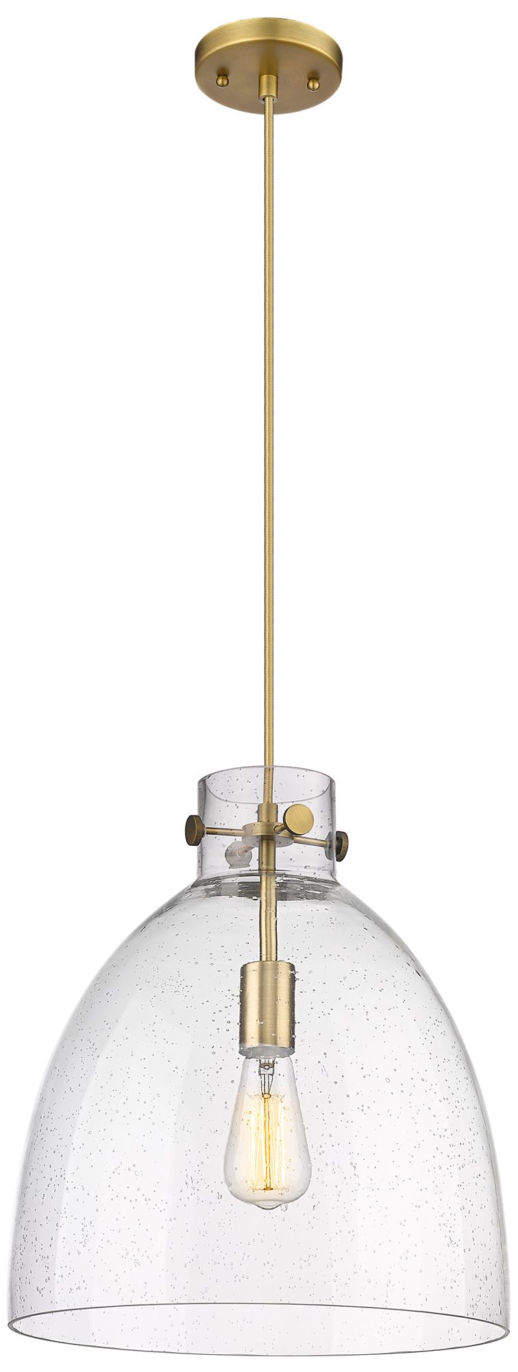 Newton Bell 14" Wide Brushed Brass Cord Hung Pendant With Seedy Glass