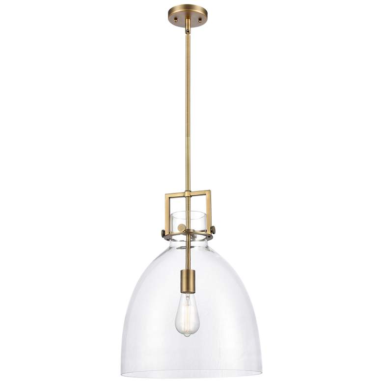 Image 1 Newton Bell 14" Wide Brushed Brass Stem Hung Pendant With Clear Shade