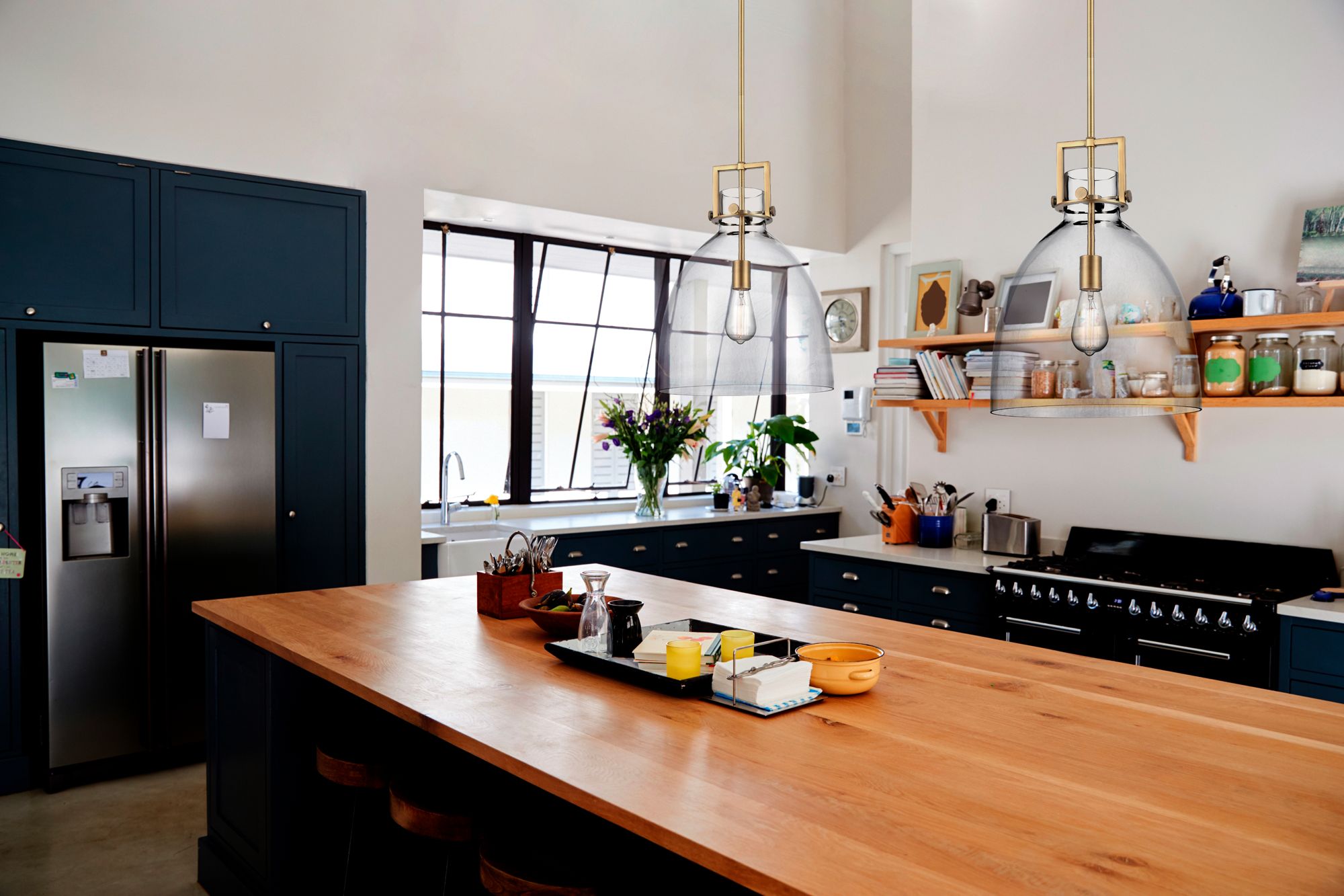 Image 2 Newton Bell 14" Wide Brushed Brass Stem Hung Pendant With Clear Shade more views