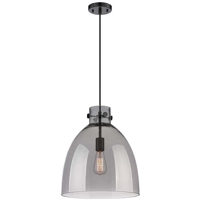 Image 1 Newton Bell 14" Wide Matte Black Cord Hung Pendant With Plated Smoke S