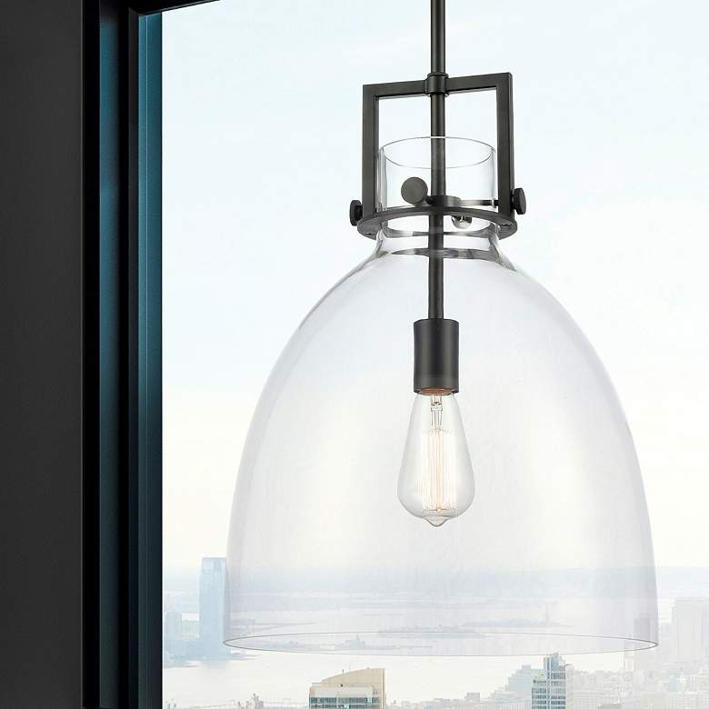 Image 3 Newton Bell 14" Wide Matte Black Stem Hung Pendant With Clear Shade more views