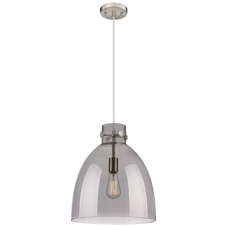 Image 1 Newton Bell 14" Wide Satin Nickel Cord Hung Pendant With Plated Smoke