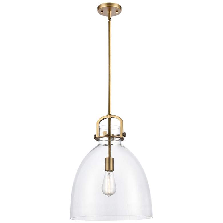 Image 1 Newton Bell 14 inch Wide Stem Hung Brushed Brass Pendant With Clear Shade