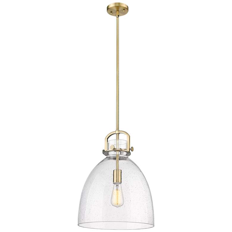 Image 1 Newton Bell 14 inch Wide Stem Hung Brushed Brass Pendant With Seedy Shade