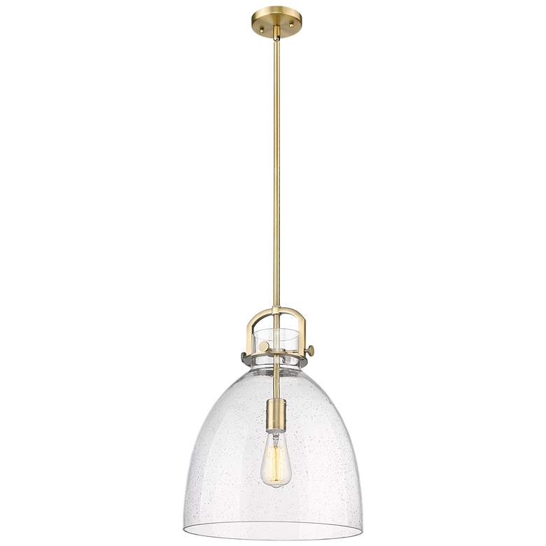 Image 1 Newton Bell 14" Wide Stem Hung Brushed Brass Pendant With Seedy Shade
