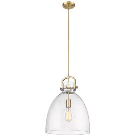 Newton Bell 14" Wide Stem Hung Brushed Brass Pendant With Seedy Shade Newton Bell 14" Wide Stem Hung Brushed Brass Pendant With Seedy Shade