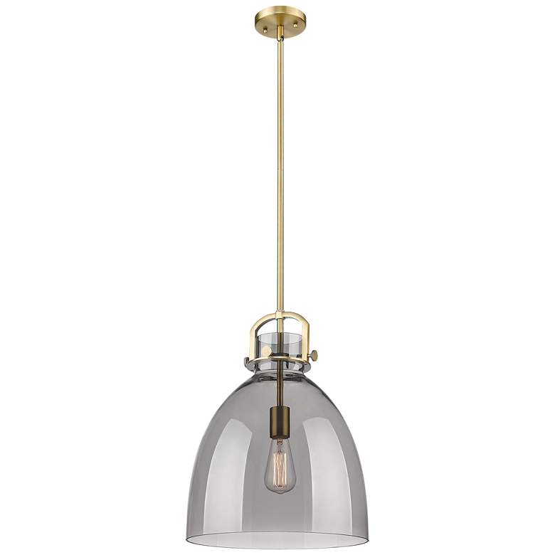 Image 1 Newton Bell 14 inch Wide Stem Hung Brushed Brass Pendant With Smoke Shade