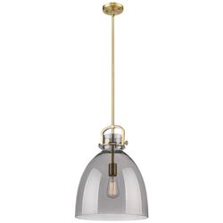 Newton Bell 14" Wide Stem Hung Brushed Brass Pendant With Smoke Shade