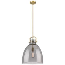 Newton Bell 14" Wide Stem Hung Brushed Brass Pendant With Smoke Shade Newton Bell 14" Wide Stem Hung Brushed Brass Pendant With Smoke Shade