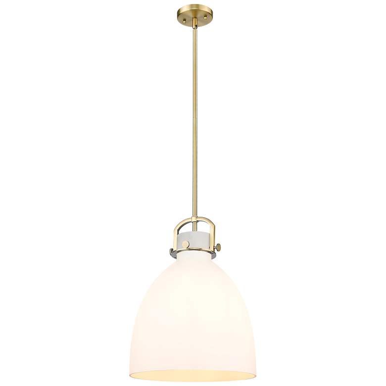 Image 1 Newton Bell 14 inch Wide Stem Hung Brushed Brass Pendant With White Shade