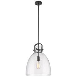 Newton Bell 14&quot; Wide Stem Hung Matte Black Pendant With Seedy Shade