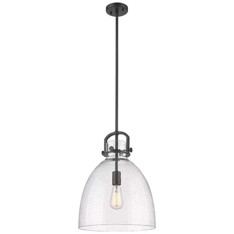 Image 1 Newton Bell 14 inch Wide Stem Hung Matte Black Pendant With Seedy Shade