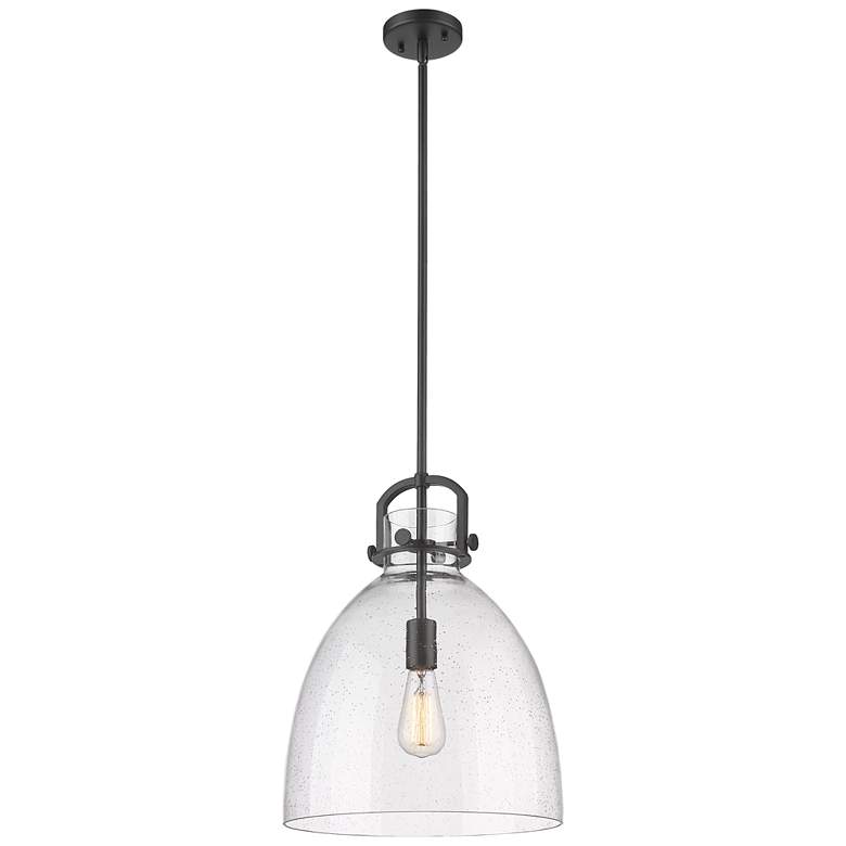 Image 1 Newton Bell 14" Wide Stem Hung Matte Black Pendant With Seedy Shade