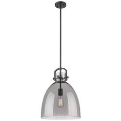 Newton Bell 14&quot; Wide Stem Hung Matte Black Pendant With Smoke Shade