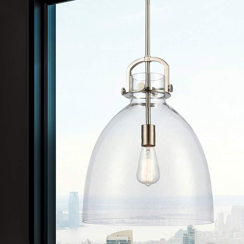 Image 1 Newton Bell 14" Wide Stem Hung Satin Nickel Pendant With Clear Shade