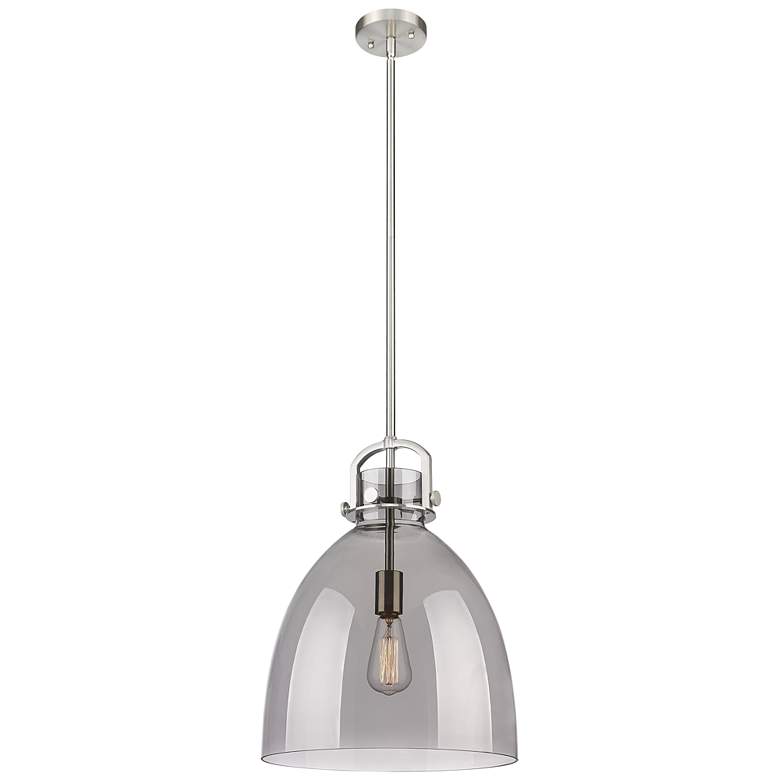 Image 1 Newton Bell 14" Wide Stem Hung Satin Nickel Pendant With Smoke Shade