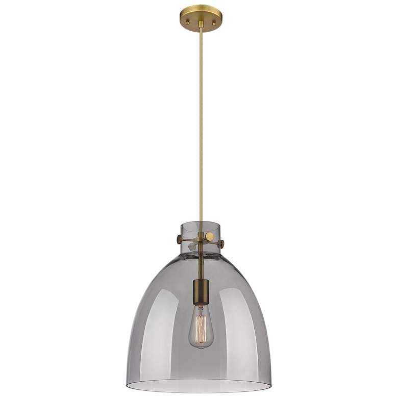 Image 1 Newton Bell 14"W Brushed Brass Cord Hung Pendant With Plated Smoke Sha