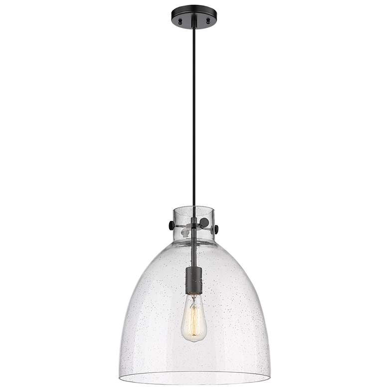 Image 1 Newton Bell 14"W Matte Black Pendant Light w/ Seedy Glass