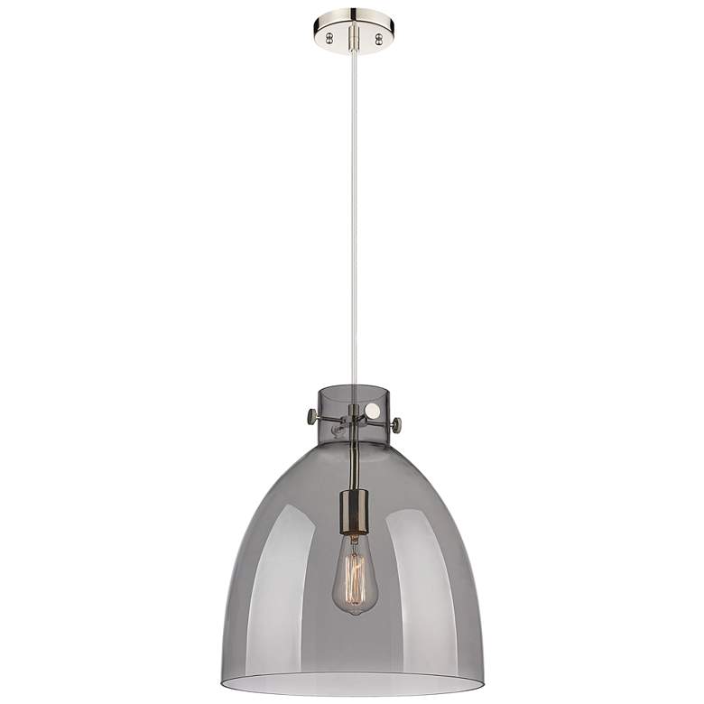 Image 1 Newton Bell 14"W Polished Nickel Cord Hung Pendant With Plated Smoke S