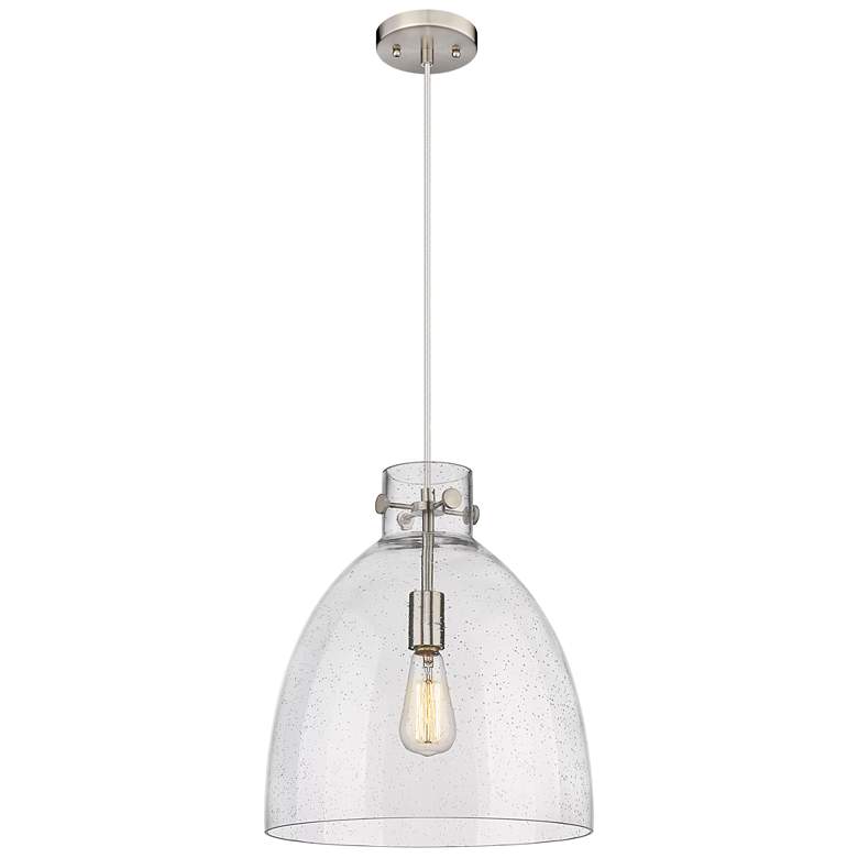 Image 1 Newton Bell 14"W Satin Nickel and Seedy Glass Pendant Light