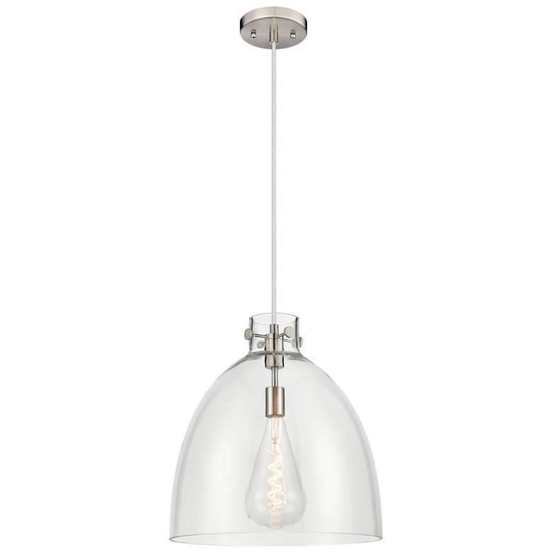 Image 1 Newton Bell 16" Wide Cord Hung Satin Nickel Pendant With Clear Shade