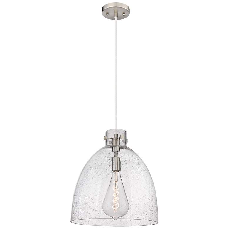 Image 1 Newton Bell 16 inch Wide Cord Hung Satin Nickel Pendant With Seedy Shade