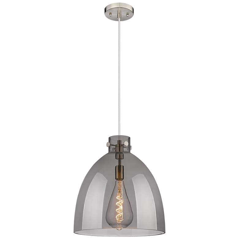 Image 1 Newton Bell 16 inch Wide Cord Hung Satin Nickel Pendant With Smoke Shade