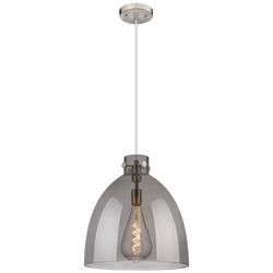 Newton Bell 16&quot; Wide Cord Hung Satin Nickel Pendant With Smoke Shade