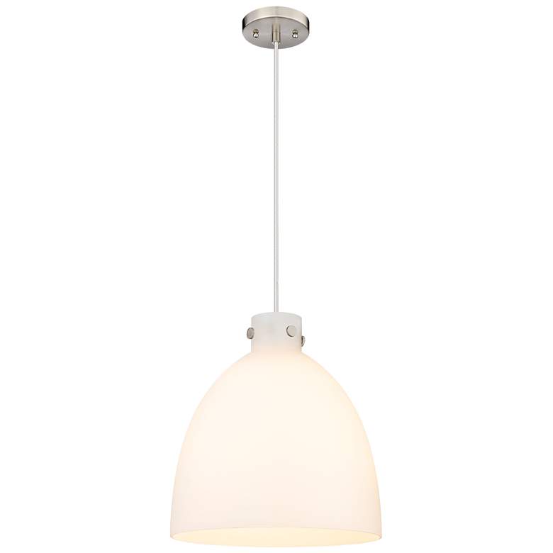 Image 1 Newton Bell 16" Wide Cord Hung Satin Nickel Pendant With White Shade