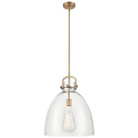 Newton Bell 16" Wide Stem Hung Brushed Brass Pendant With Clear Shade Newton Bell 16" Wide Stem Hung Brushed Brass Pendant With Clear Shade