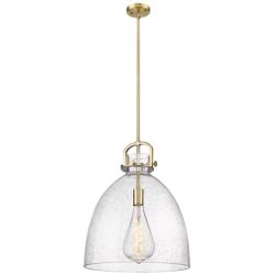 Newton Bell 16" Wide Stem Hung Brushed Brass Pendant With Seedy Shade