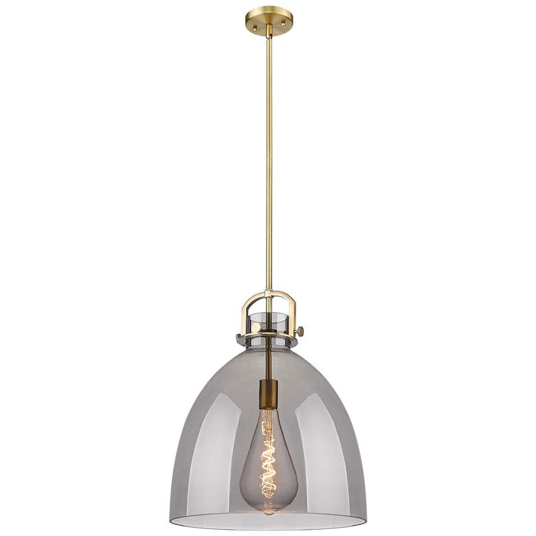 Image 1 Newton Bell 16" Wide Stem Hung Brushed Brass Pendant With Smoke Shade