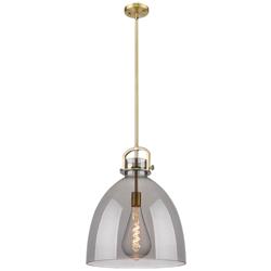 Newton Bell 16" Wide Stem Hung Brushed Brass Pendant With Smoke Shade