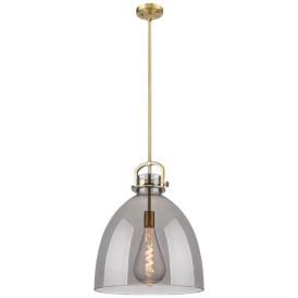 Newton Bell 16" Wide Stem Hung Brushed Brass Pendant With Smoke Shade Newton Bell 16" Wide Stem Hung Brushed Brass Pendant With Smoke Shade