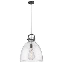 Newton Bell 16&quot; Wide Stem Hung Matte Black Pendant With Seedy Shade