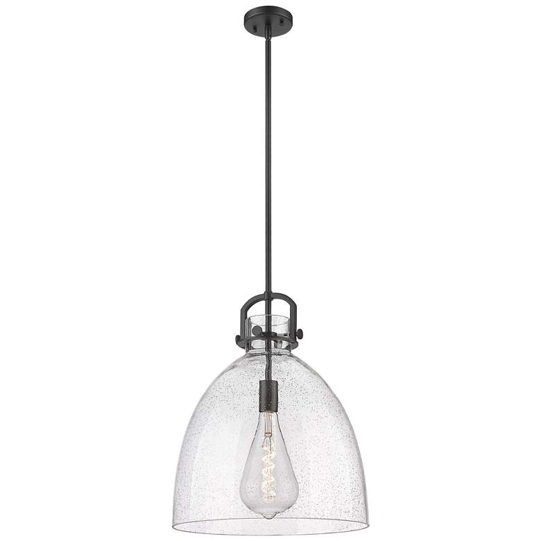 Image 1 Newton Bell 16" Wide Stem Hung Matte Black Pendant With Seedy Shade