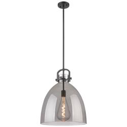 Newton Bell 16&quot; Wide Stem Hung Matte Black Pendant With Smoke Shade