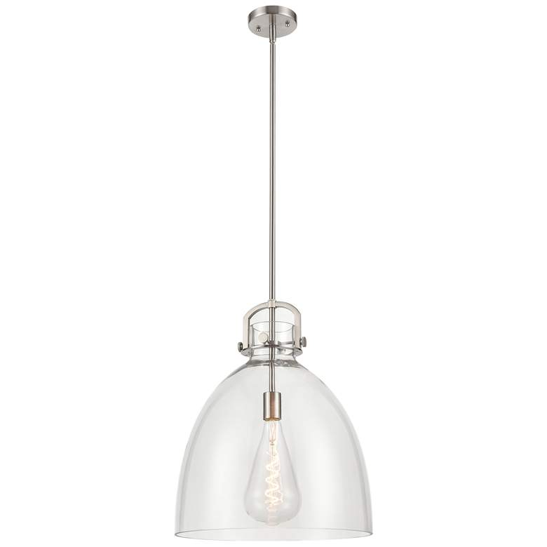 Image 1 Newton Bell 16 inch Wide Stem Hung Satin Nickel Pendant With Clear Shade