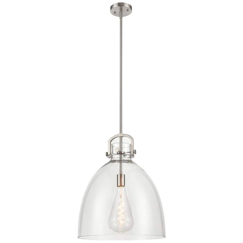 Image 1 Newton Bell 16" Wide Stem Hung Satin Nickel Pendant With Clear Shade