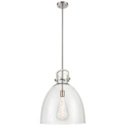 Newton Bell 16" Wide Stem Hung Satin Nickel Pendant With Clear Shade