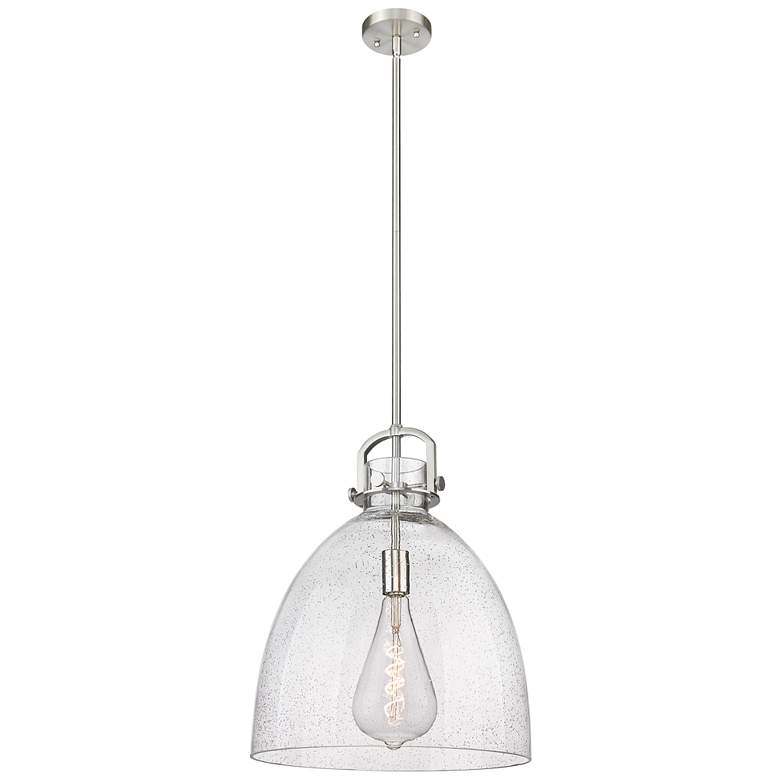 Image 1 Newton Bell 16" Wide Stem Hung Satin Nickel Pendant With Seedy Shade