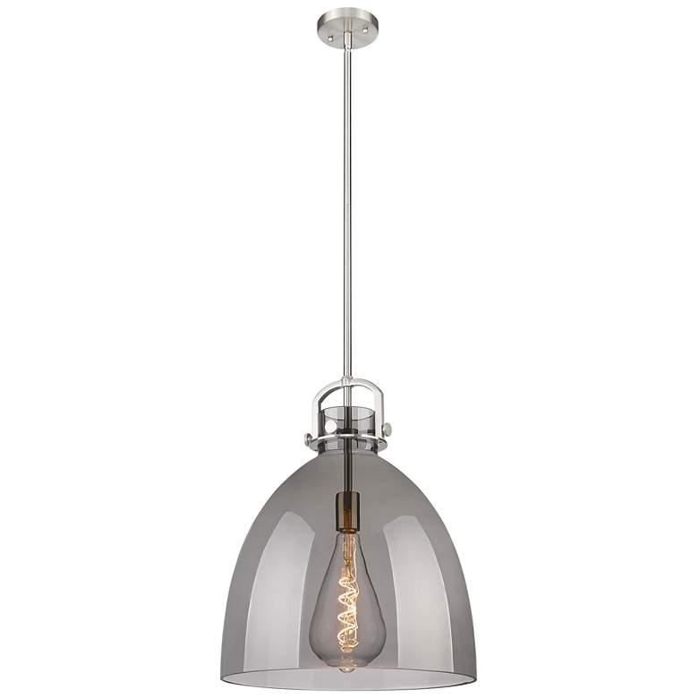 Image 1 Newton Bell 16" Wide Stem Hung Satin Nickel Pendant With Smoke Shade