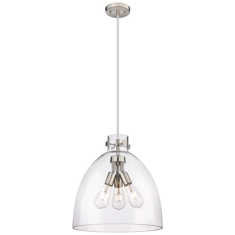 Image 1 Newton Bell 16 inchW 3 Light Satin Nickel Cord Hung Pendant With Clear Sha