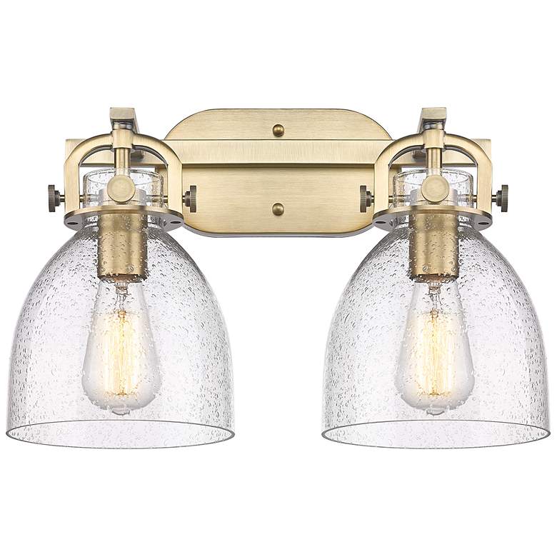 Image 1 Newton Bell 17 inch Wide 2 Light Brushed Brass Bath Light With Seedy Shade