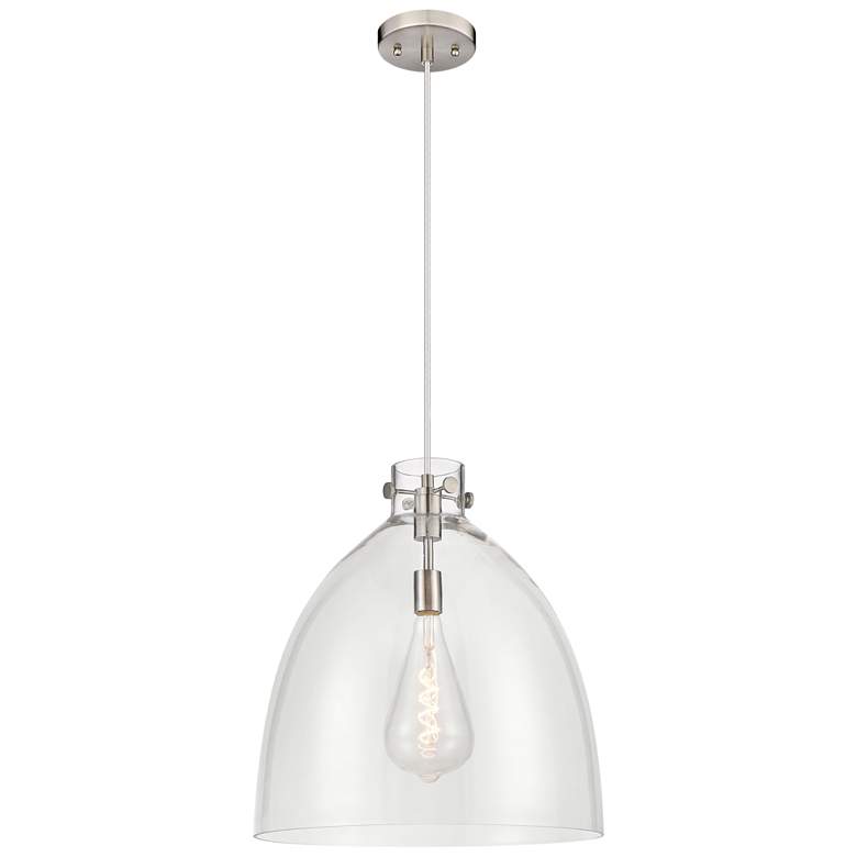 Image 1 Newton Bell 18 inch Wide Cord Hung Satin Nickel Pendant With Clear Shade