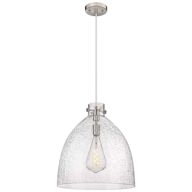 Image 1 Newton Bell 18 inch Wide Cord Hung Satin Nickel Pendant With Seedy Shade