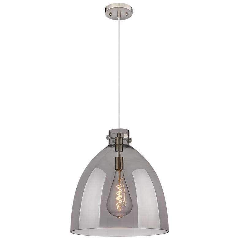 Image 1 Newton Bell 18 inch Wide Cord Hung Satin Nickel Pendant With Smoke Shade