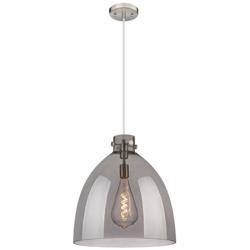 Newton Bell 18&quot; Wide Cord Hung Satin Nickel Pendant With Smoke Shade