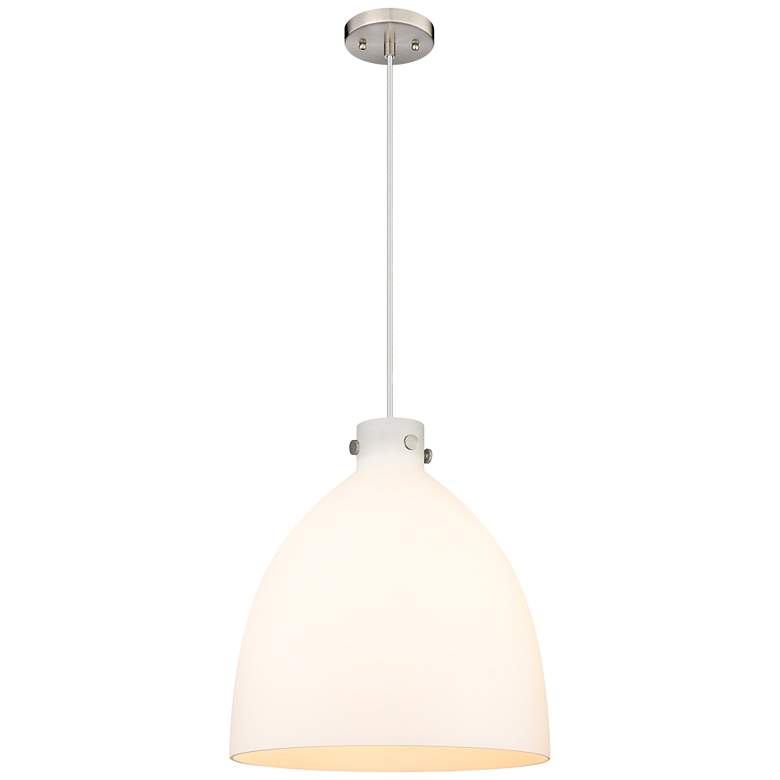 Image 1 Newton Bell 18" Wide Cord Hung Satin Nickel Pendant With White Shade