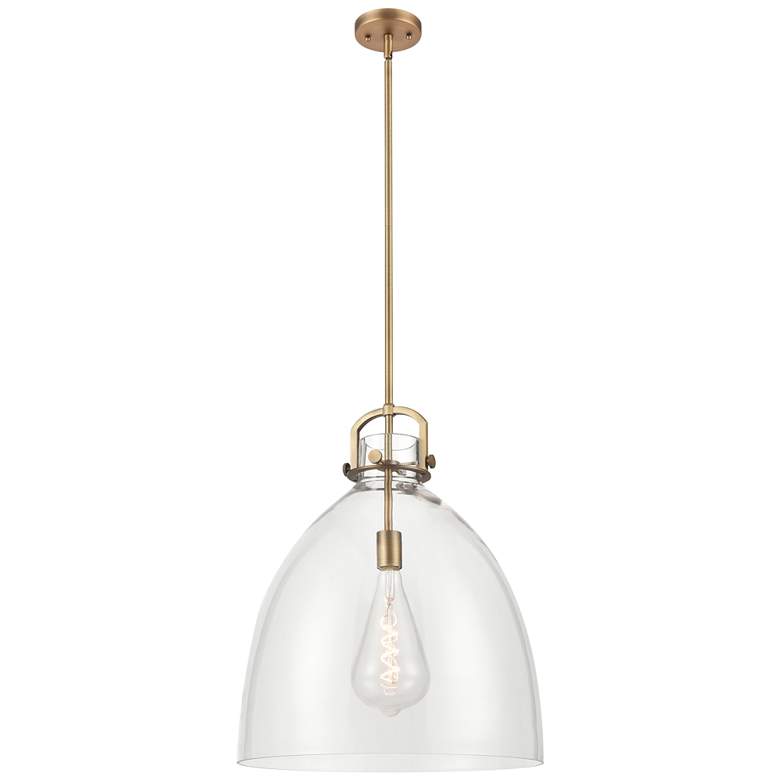Image 1 Newton Bell 18 inch Wide Stem Hung Brushed Brass Pendant With Clear Shade